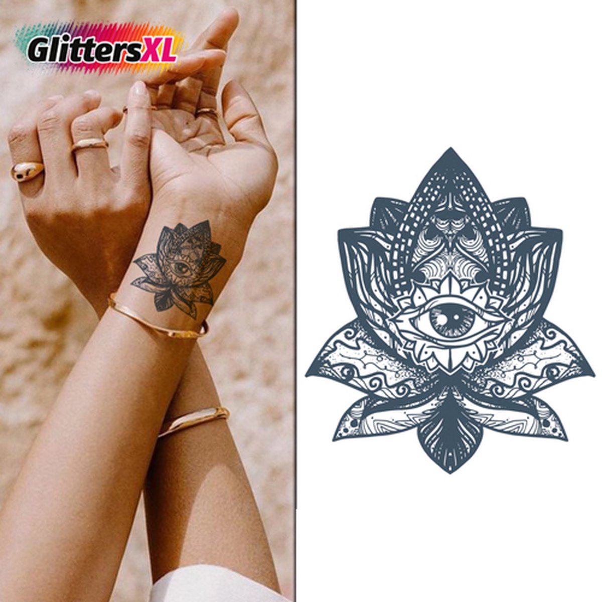 GlittersXL - Temporary Tattoo Spiritueel Bloem/Oog (11x8cm) [Neptattoo - Tijdelijke tatoeage - Nep Fake Tattoos - Water overdraagbare festival sticker henna outfit tattoo - Glitter tattoo - Volwassenen Kinderen Jongen Meisje]